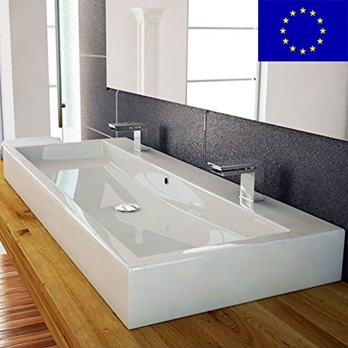 Design Waschbecken 100cm zur Wandmontage oder als Aufsatzwaschbecken mit 2 Armaturlöcher | 100x42x10cm | Material: hochwertiges Mineralguss | hochwertig verarbeitet | Qualität MADE IN EU